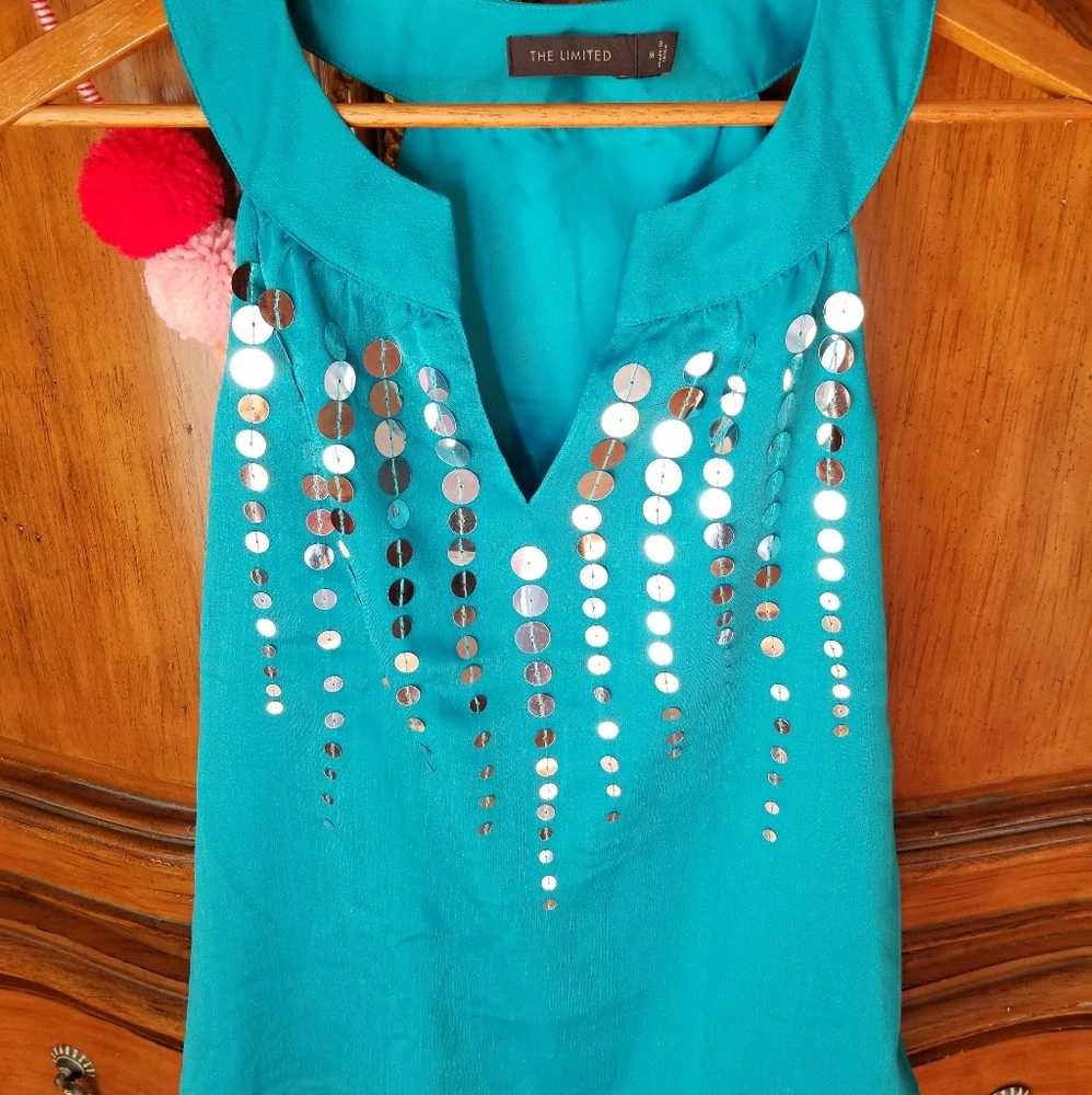 Y2K SILVER SEQUIN BEADED TURQUOISE TEAL SILKY TOP MD THE LIMITED PREPPY